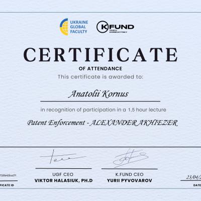 Certificate Patent Enforcement Alexander Akhiezer